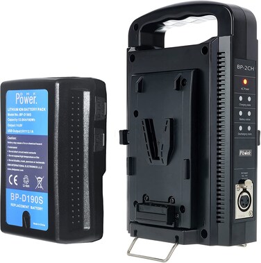 DMK Power BP-D190S V Lock Battery (190Wh, 14.8V, 13000mAh) Rechargeable Li-ion Battery with BP-2CH V Mount V Lock Double Sided Quick Battery Charger and 3 PIN Cable for Broadcast Video Camcorder