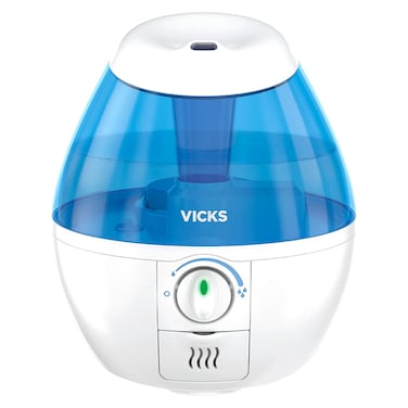 Vicks Mini Cool Mist Ultrasonic Humidifier with 2 Menthol Pads Included VUL525E1, White and Blue, 1.8 L, 21 W