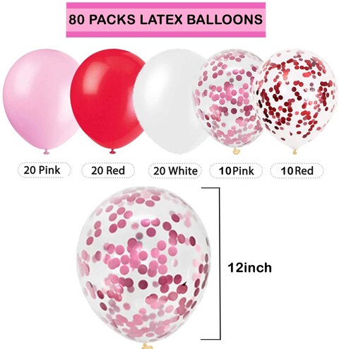Party Time 80 Pieces 12inch Pink, White &amp; Red Latex Balloons with Confetti Balloon Sets Valentines Day Balloons Love Heart Balloons Romantic Latex Balloons Photo Props for Wedding Anniversary Proposal