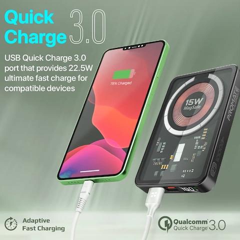 Promate LucidPack-10 Premium 10000mAh Transparent Battery Pack 15W Magnetic Charging 20W USB-C Power Delivery Port Over Charging Protection for iPhone 13/14/15