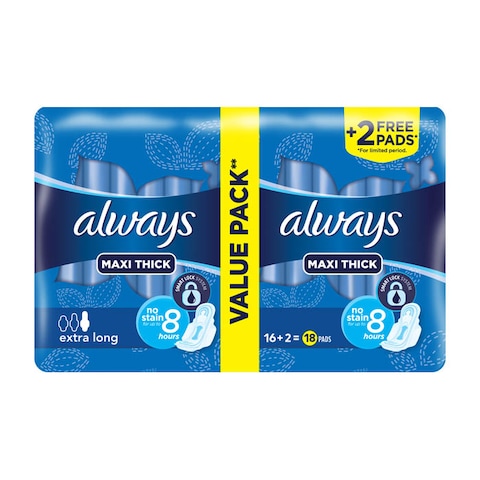 Always Maxi Thick Pads With Wings, Extra Long - 16+2 Pads