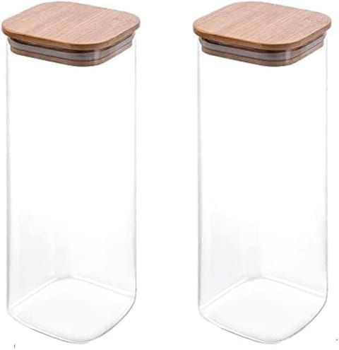 1CHASE&reg; Square Glass Storage Jar with Air tight Bamboo Lid, Borosilicate Kitchen Food Storage Container Set for Candy Cookie Rice Sugar Flour Pasta Nuts, Set of 2Pcs 1800 ML