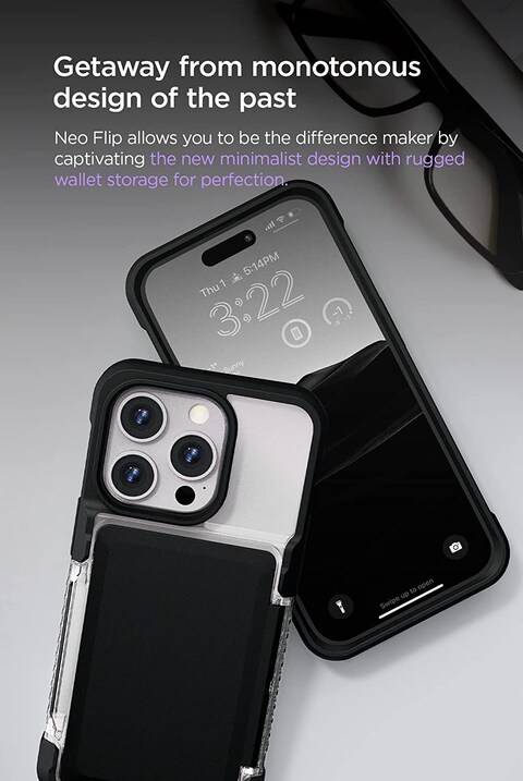 VRS Design Neo Flip designed for iPhone 14 PRO case cover wallet [Semi Automatic Snap door] Credit card holder Slot [2 cards] - Black