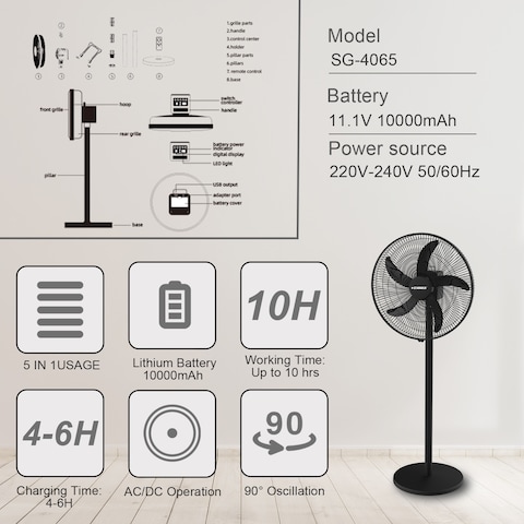 STARGOLD 18 Inch Rechargeable Oscillating Fan Table Fan Wall Fan Floor Fan Ceiling Fan With 4 SMD LED Light