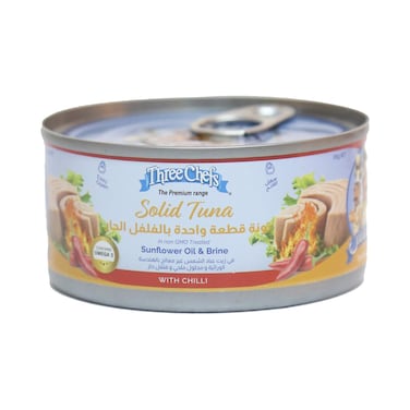 ثري شيفس تونة حارة قطعة واحدة في زيت دوار الشمس ومحلول ملحي - 185 جرام