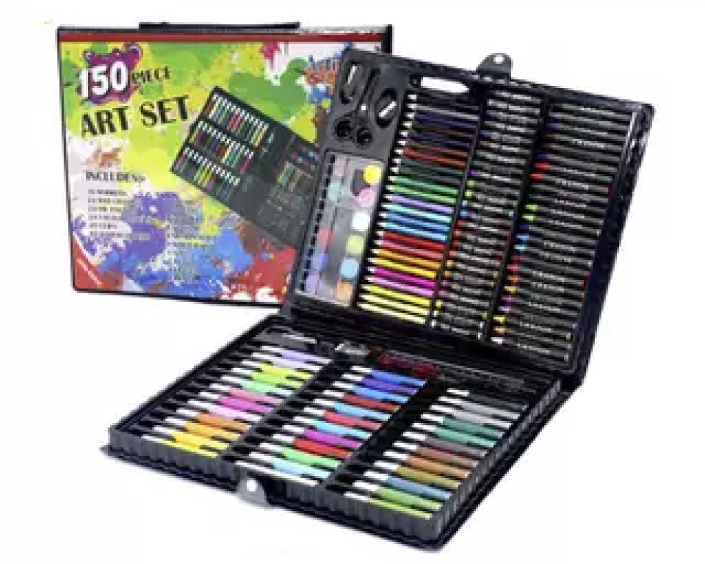 150pcs Art Set Coloring Pens Markers Wax Crayons Oil Pastels Clips Watercolours Black Box