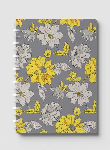 لوحة  دفتر سلك ٦٠ ورقة بغلاف من الورق المقوى بتصميم زهور بالابيض والاصفر، لتسجيل الملاحظات وتدوين التذكيرات للعمل أو الجامعة أو المدرسة