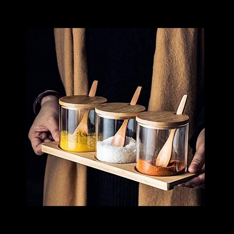 1CHASE&reg; 3 Pcs Spice Condiment Container Canister Pots with Wooden Base, Spoon and Lid.