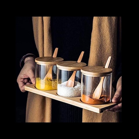 1CHASE&reg; 3 Pcs Spice Condiment Container Canister Pots with Wooden Base, Spoon and Lid.