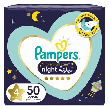 Pampers Premium Care Night Diapers, Size 4, 10-15Kg, 50 Diapers
