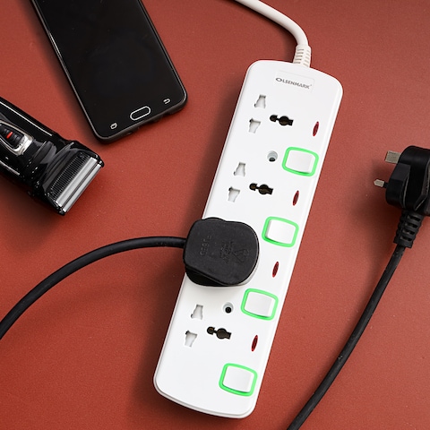 Olsenmark 4 Way Power Socket with Individual Switches- OMES1728D/ Equipped with PP Fire Proof Housing, Copper Parts, and Child Safety Shutter/ 3-meter Extension Cord, Ideal for Home, Office,