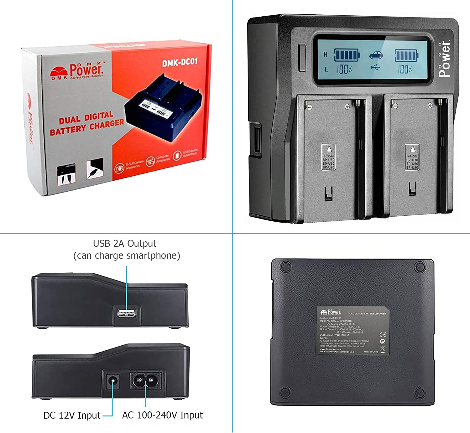 DMK Power DC-01 BP-U90 LCD Dual Battery Charger Compatible With Sony PMW-100, PMW-150, PMW-160, PMW-200, PMW-300, PMW-EX1, PMW-EX1R, PMW-EX3, PMW-EX160, etc.