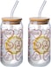 1CHASE Borosilicate Valentine-Themed Patterns Drinking Glasses With Bamboo Lid 550ml, Glass Straw And Cleaning Brush, Mason Jar, Can Shaped Tumblers - Set Of 2