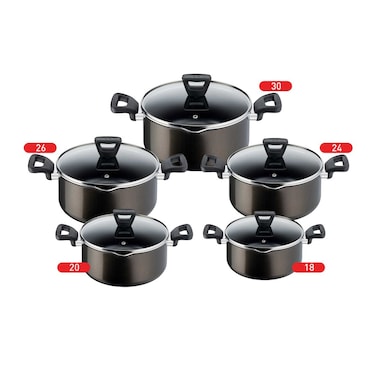 تيفال إكس إل طقم أواني طهي بغطاء زجاجي - مقاس 18-20-24-26-30 - 5 قطع