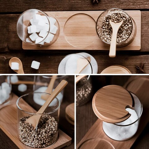 1CHASE&reg; 3 Pcs Spice Condiment Container Canister Pots with Wooden Base, Spoon and Lid.