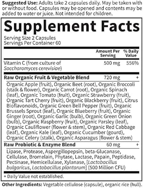 Garden Of Life Vitamin C, Vitamin Code Raw Vitamin C, 120 Vegan Capsules, 500mg Whole Food Vitamin C With Bioflavonoids, Fruits &amp; Veggies, Probiotics, Gluten Free Vitamin C Supplements For Adults