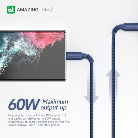 Amazing Thing Speed Pro USB-C To USB-C 60W 4.0A MAX Fast Charge Cable [1.1 Meter] - Blue