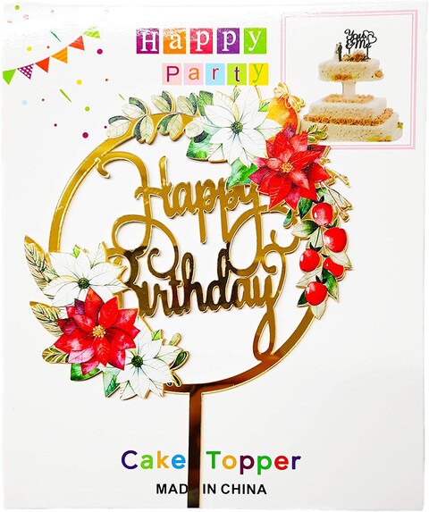Party Time Round Flowers Design Acrylic Golden Color Cursive Happy Birthday Cake Topper for Birthday Decoration/Happy Birthday Cake Decoration Item - Cake Topper