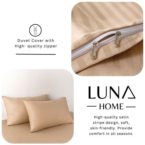 Luna Home Premium King Size 6 Pieces Bedding Set Without Filler, Solid Golden Brown Color, Satin Stripe Design