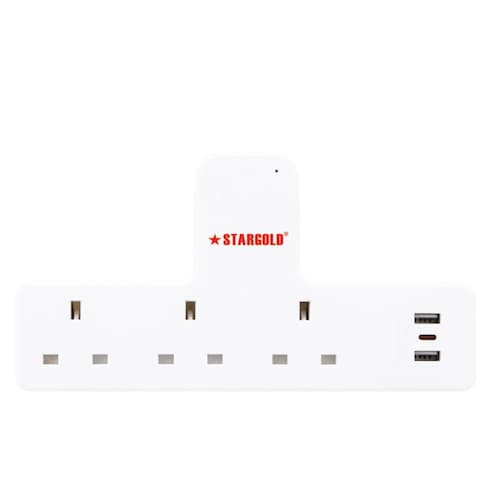 STARGOLD Multiple cord Extension Set Overload Protector Electric Charging Lead 3 Way Ac Output with 2 USB and 1 USB-C Port Anti-Fire 750⁰C, 13A Heavy Duty Charging Station- White

