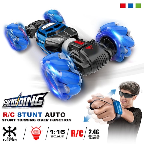 Generic-RC Stunt Car 4WD Watch Gesture Sensor Control Deformable Electric Car All-Terrain Transformable Car Auto-demo for Kids Christmas Gift w/ LED Light Music 2 Battery