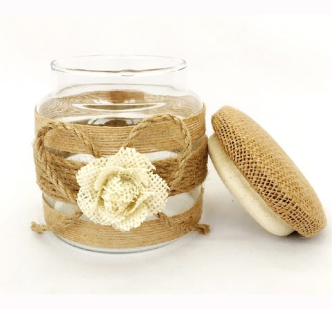 Burlap Lace Glass Jar Beige with Flower Design 13cm