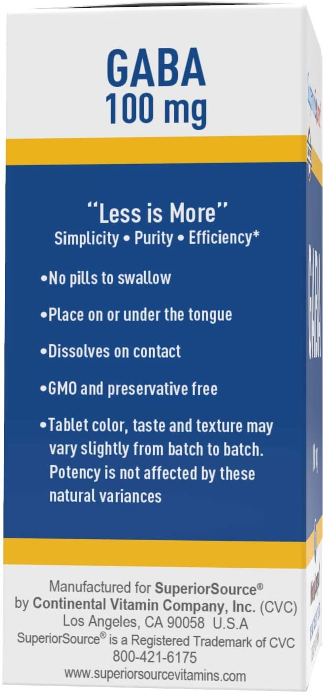 Superior Source Gaba 100 Mg, Under The Tongue Quick Dissolve Sublingual Tablets, 100 Count, Brain Health Support, Promotes A Relaxing Effect &amp; Positive Mood, Stress Relief &amp; Sleep Support, Non-Gmo