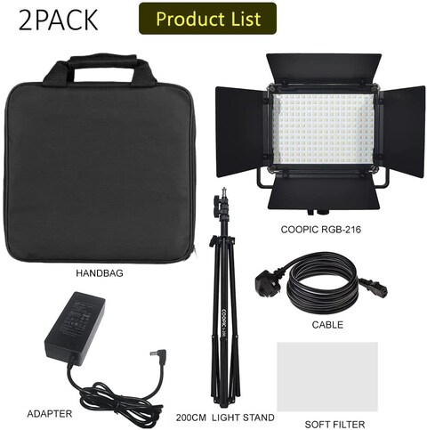COOPIC RGB-216 2-Pack LED Video Light with 200cm Stand TFT Color Display/High CRI White LED/2500-8500K/360&deg; Full Color/9 Types of Scenes, Led Light Panel for Outdoor Photography