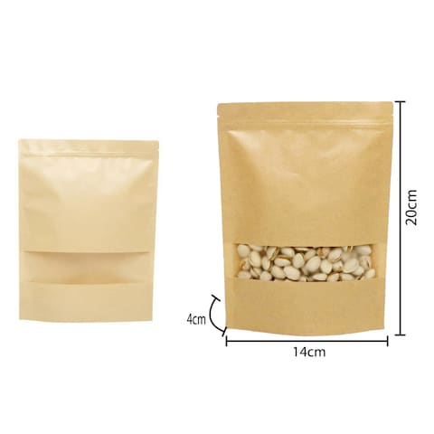 Buy Food Pouches 12pcs Size 20x14x4cm, Kraft Stand Up Food Bags, Zip Lock Reusable Packing Pouches with Transparent Window and Tear Notch Thicken Heat Sealable, or Storing, Cookie and Snack, Paper pouch in UAE