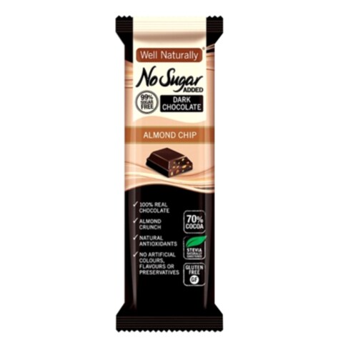 Buy Well Naturally No Added Sugar Almond Chip Dark Chocolate 45g in UAE