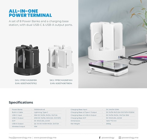 Powerology Upgraded 8 In 1 Powerstation, 8 Set Of Powerbanks With Built In Cable Lighting &amp; Type C PD 20W, Magfit Supported Fast Charging, Total Of 20 USB Charging Ports