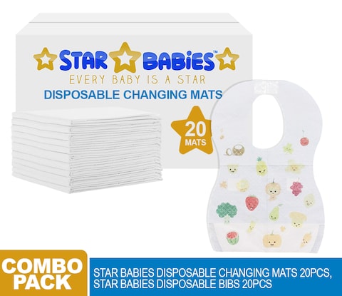 Star Babies Combo Pack (20pcs Dispsosable Changing Mats + 20pcs Disposable Bibs)