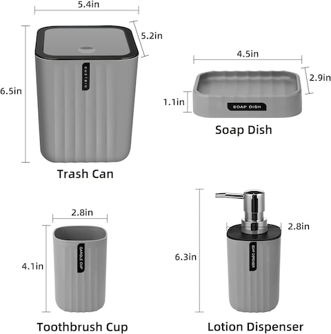 Generic Bathroom Accessory Set - 4 Piece Grey Bathroom Accessories Set With Trash Can, Soap Dish, Soap Dispenser, Toothbrush Cup, Bathroom Decor Sets With Desktop Small Trash Can - Grey Stripe