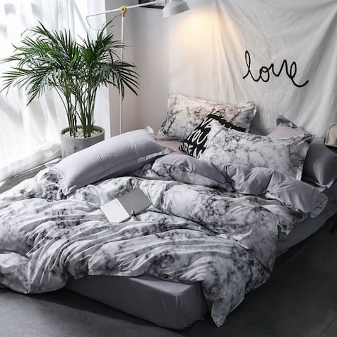 LUNA HOME Single size 4 pieces Bedding Set without filler, Marble Design Grey Color