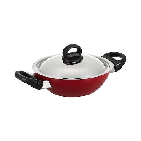 Prestige Classique Flat Bottom Wok Kadai With Lid Red 28cm