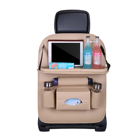 KKmoon - New Car Seat Back Bag Folding Table Organizer Pad Drink Chair Storage Pocket Box Automobile Accessories Beige
