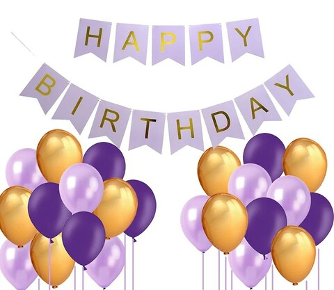 Party Time 52-Pieces Party Decoration Pack for Birthday - Happy Birthday Banner with Purple Lavender and Golden Metallic Balloons