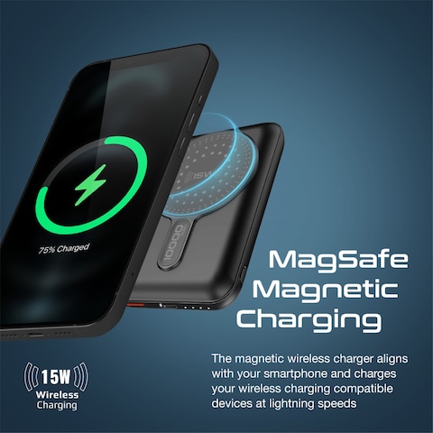 Promate Magnetic Wireless Power Bank, 10000mAh 15W Qi Wireless Mag-Safe Battery Pack with 20W USB-C Power Delivery Port, 18W QC 3.0 Port and Foldable Stand for iPhone 13, iPad Air PowerMag-10Pro Black
