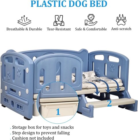 Dog bed for small and medium dogs, Plastic moisture-proof dog bed with Ladder, Anti-slip bottom, and storage box, Waterproof pet bed for indoor and outdoor 82 cm (Blue)