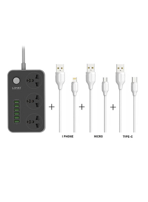 LDNIO 3-Power Socket With 6-USB And Lighting, Type-C, Micro Cables Universal Power Strip 2meter Grey/White