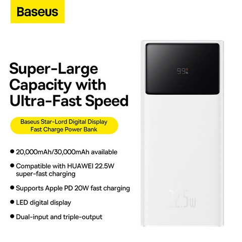 Baseus 30000.0 mAh Portable Charger Power Bank 30000mAh, 22.5W QC 3.0 PD 20W USB 3-Port 3A Fast Charging Charger C Battery Pack, Smart LED Display Phone for iPhone Series, Samsung, Android etc,  White