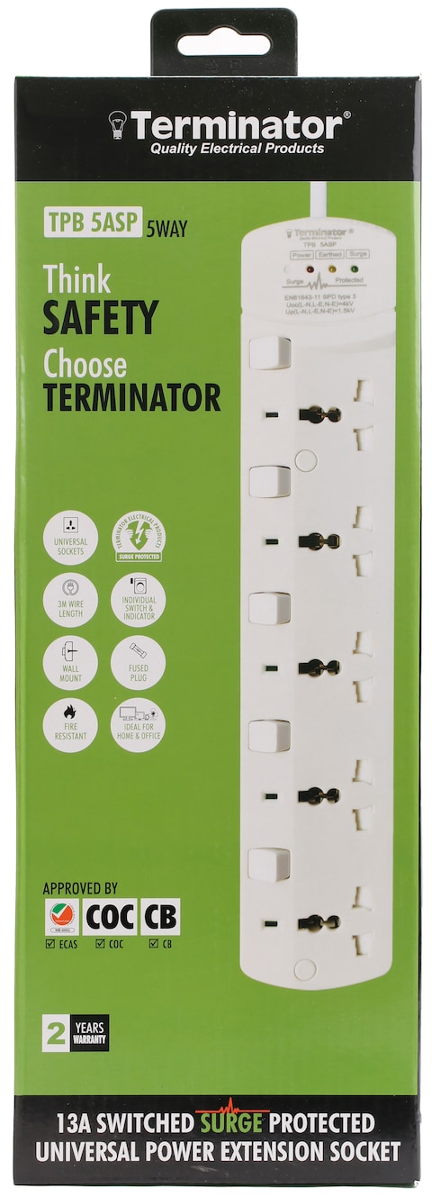 Terminator Brand Universal Power Extension Socket with Surge Protection - 5way 3M