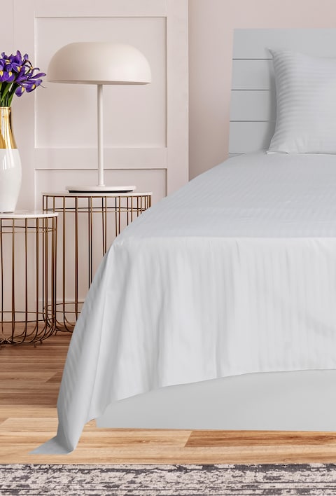 Hotel Linen Klub Single  Bed Sheet 2pcs Set , 100% Cotton 250Tc  Sateen 1cm Stripe  , Size: 160x220cm + 1pc Pillowcase 50x75cm ,White