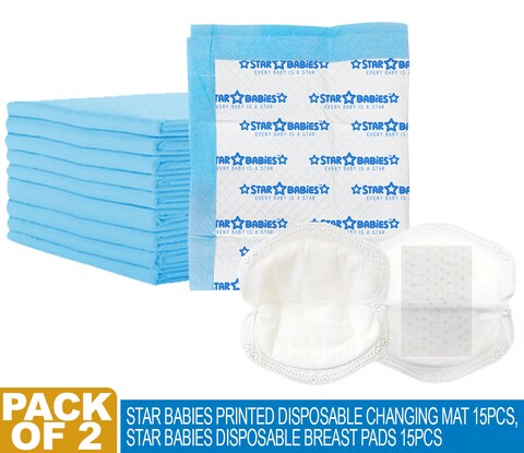 Star Babies Pack of 2 (15pcs Printed Disposable Changing Mats + 15pcs Disposable Breast Pads)