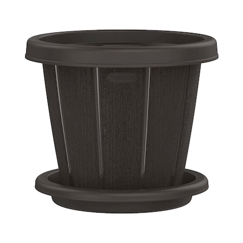 Cosmoplast Cedargrain Flower Pot With Tray Dark Brown 8inch