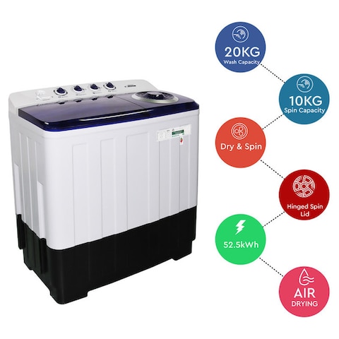 Nobel 20 KG Washing / 10 KG Spin Capacity Twin-tub Semi-Automatic Washer, Gentle Care for Textiles, Child-Lock Safety, Efficient Operation NWM2010 White