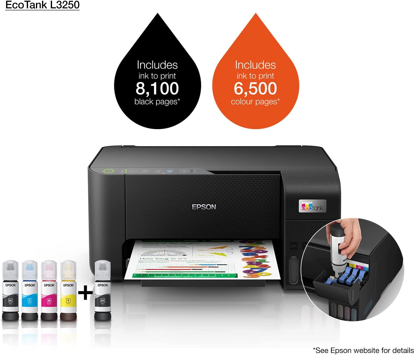 Epson Ecotank L3250 Home Ink Tank Printer A4, Colour, 3-In-1 Printer With Wifi And Smartpanel App Connectivity