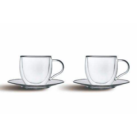 CuisineArt Double Wall Glass Coffee Cups And Saucers Clear 80ml 4 PCS