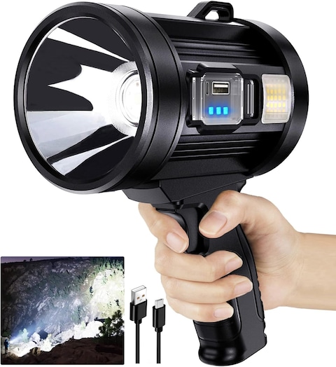 Handheld Flashlight with Solar Charging 1700 Lumens Super Bright LED Spot Lights with 4 Color Options Included and 6 Modes Large Searchlight with COB Light and IPX5 Waterproof for Camping and Hunting