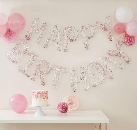 Ginger Ray Confetti Filled Happy Birthday Balloon Bunting- Rose Gold